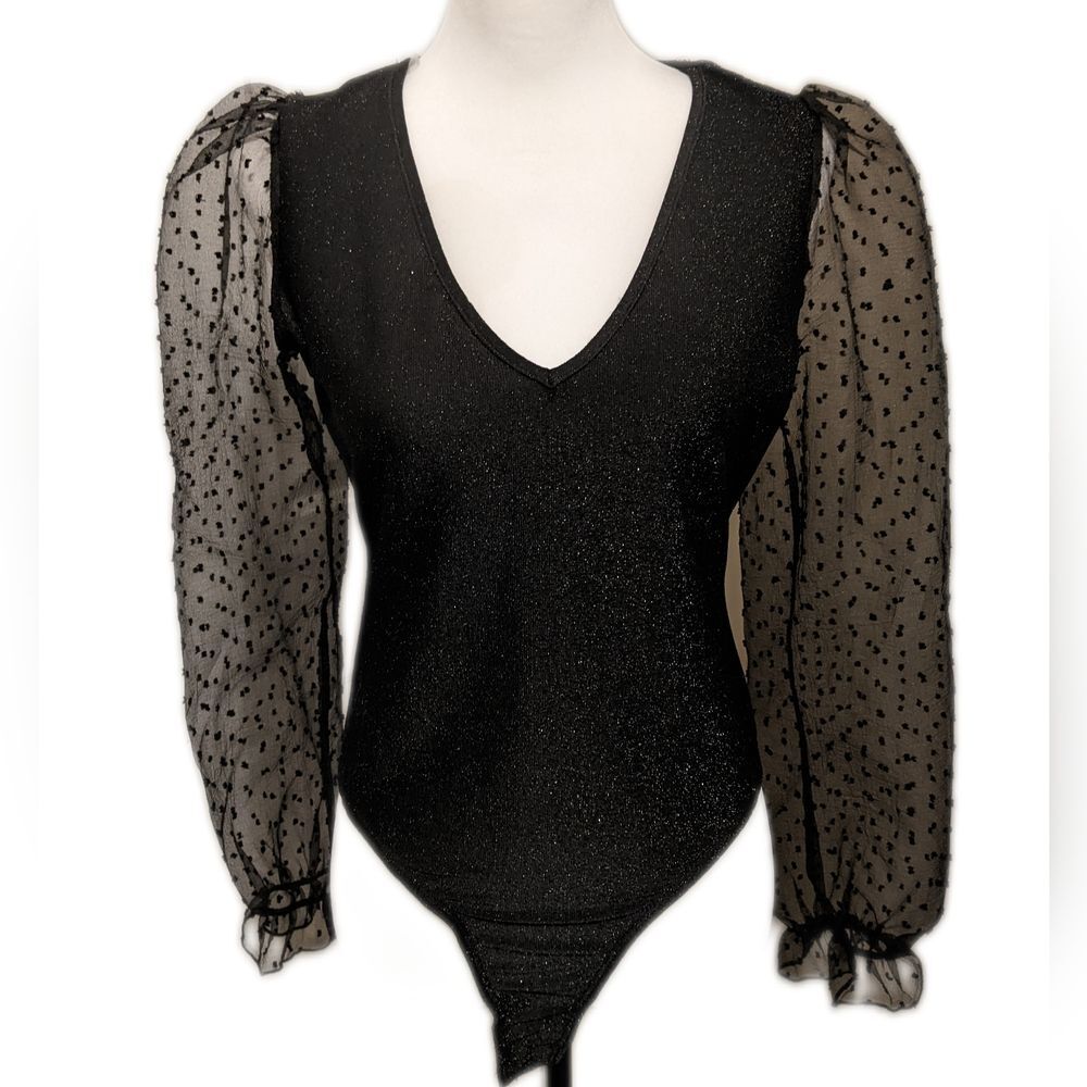Evolutionary v-neck sparkle black bodysuit with sheer polka dot sleeves L